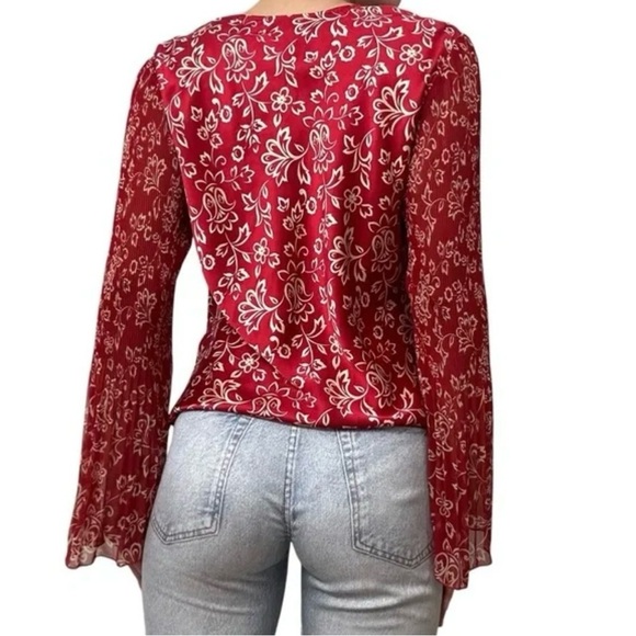 INC Y2K Blouse Flare Sleeve Whimsigoth Boho Silk Red Floral Fairy Size 8 - Picture 6 of 14